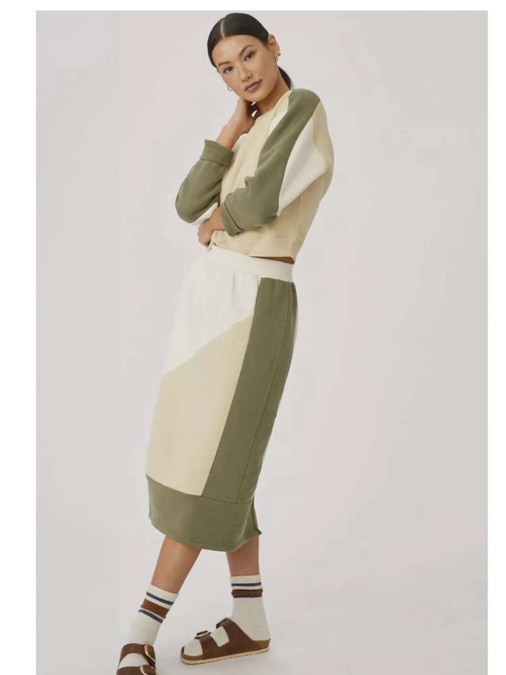 Anthropologie Daily Practice Colorblock Midi Skirt in Olive & Cream